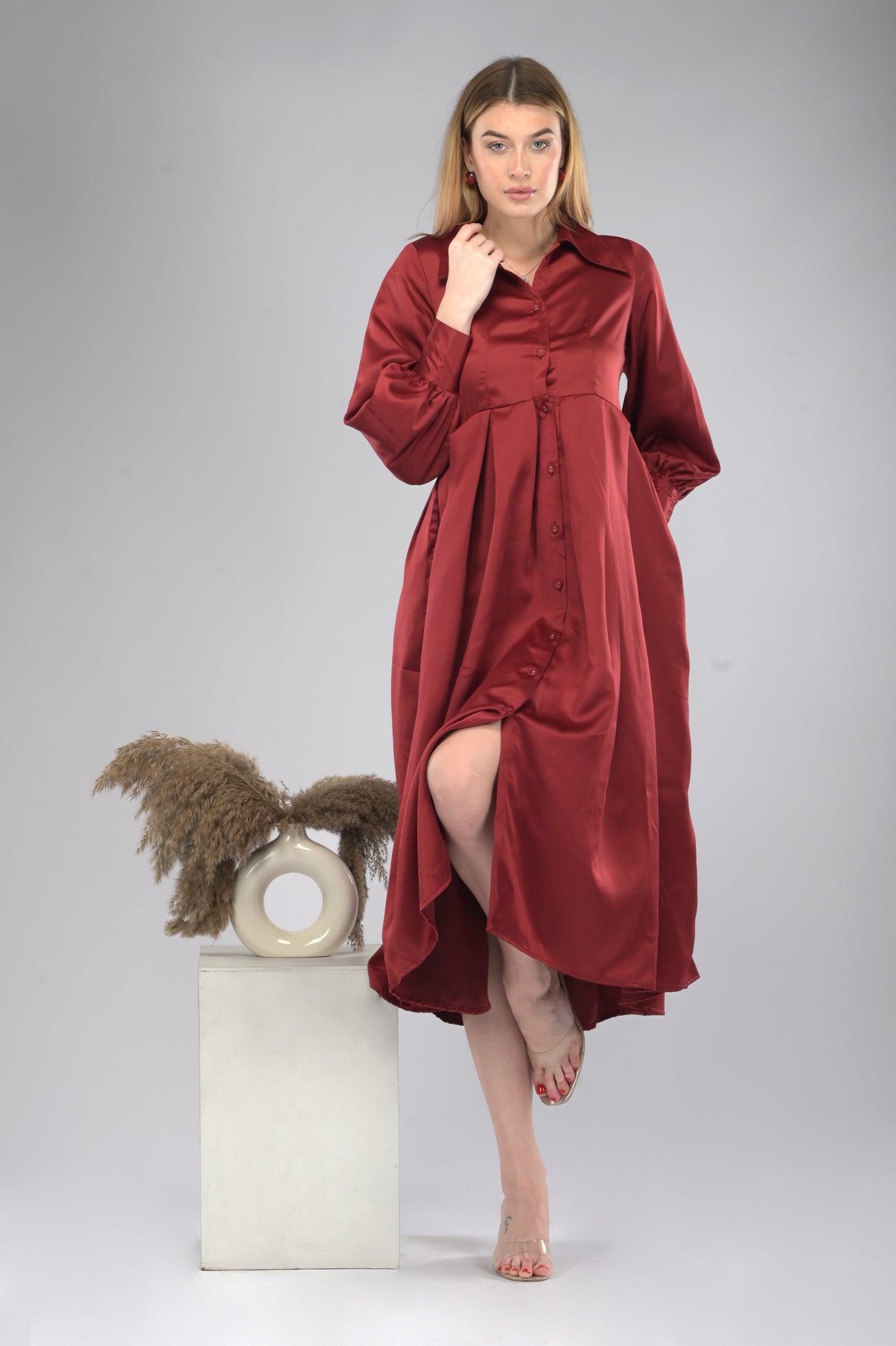 Maroon Satin Rezta Shirt Dress