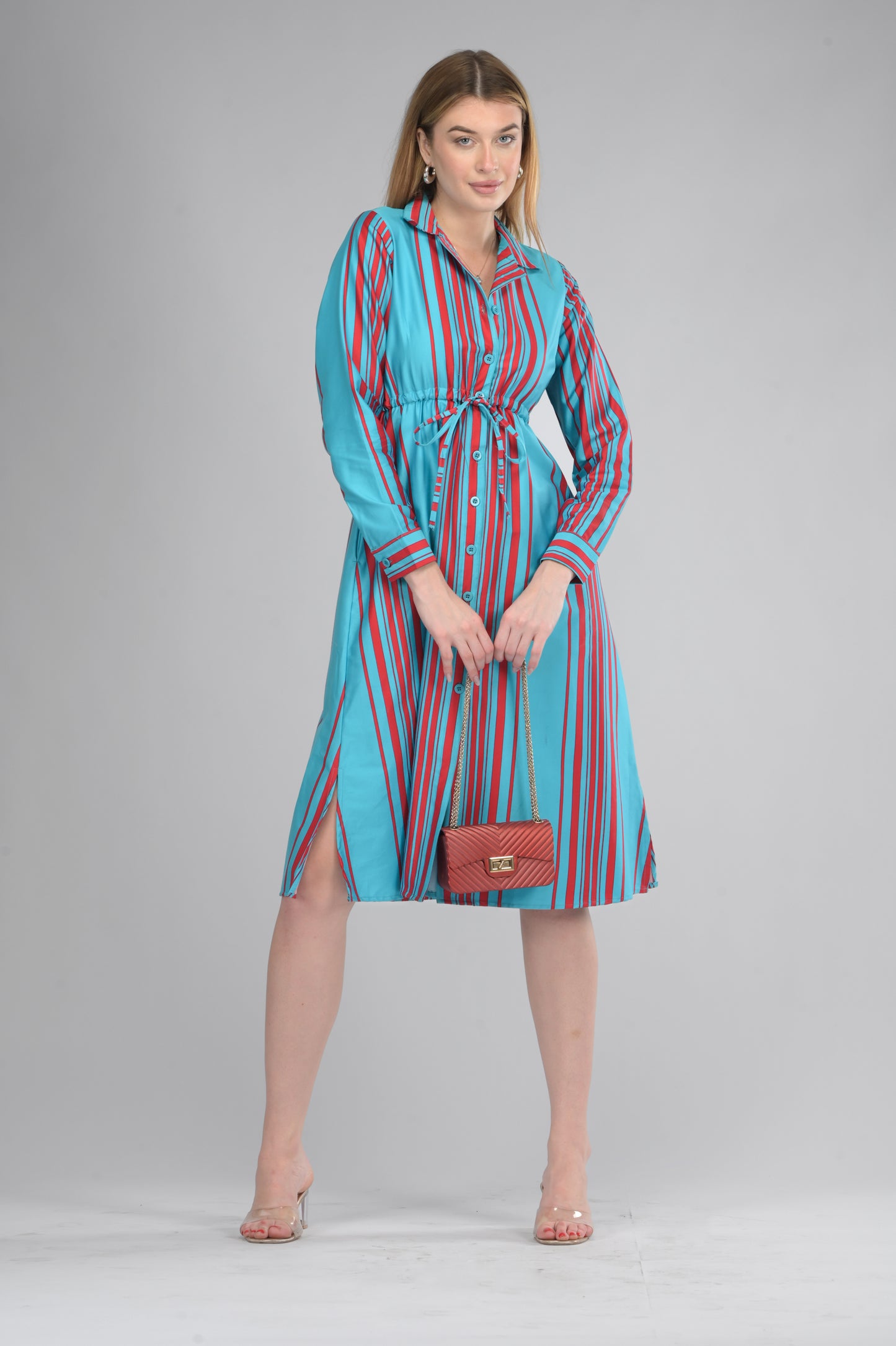 Drawstring Skyline Red Striped Shirt Dress