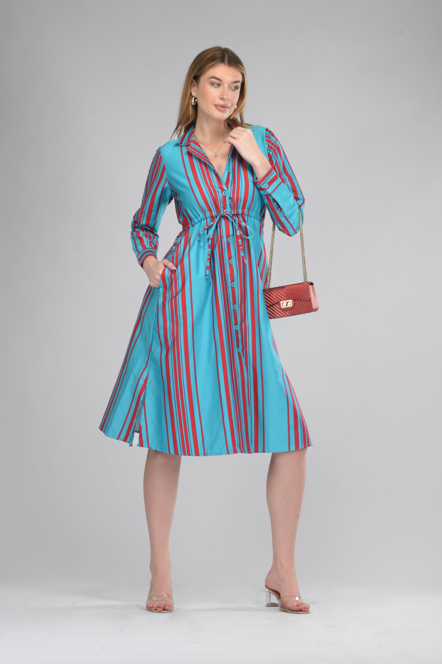 Drawstring Skyline Red Striped Shirt Dress