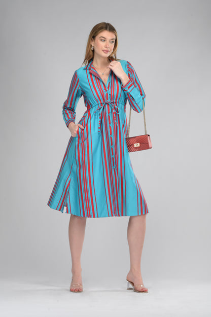 Drawstring Skyline Red Striped Shirt Dress