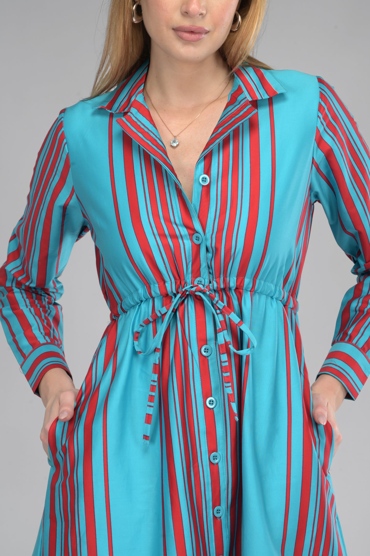 Drawstring Skyline Red Striped Shirt Dress