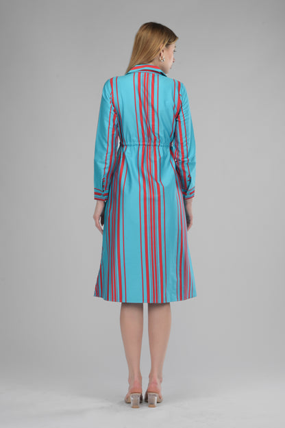 Drawstring Skyline Red Striped Shirt Dress