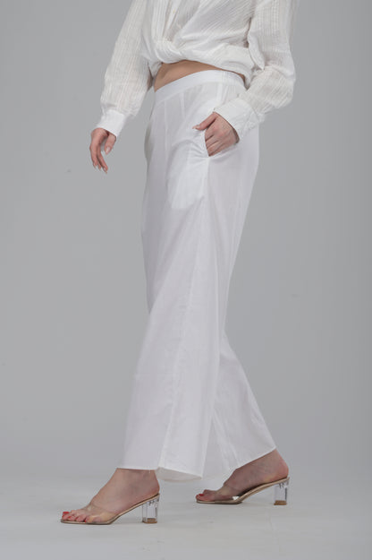 White Wide-Leg Cotton Pants