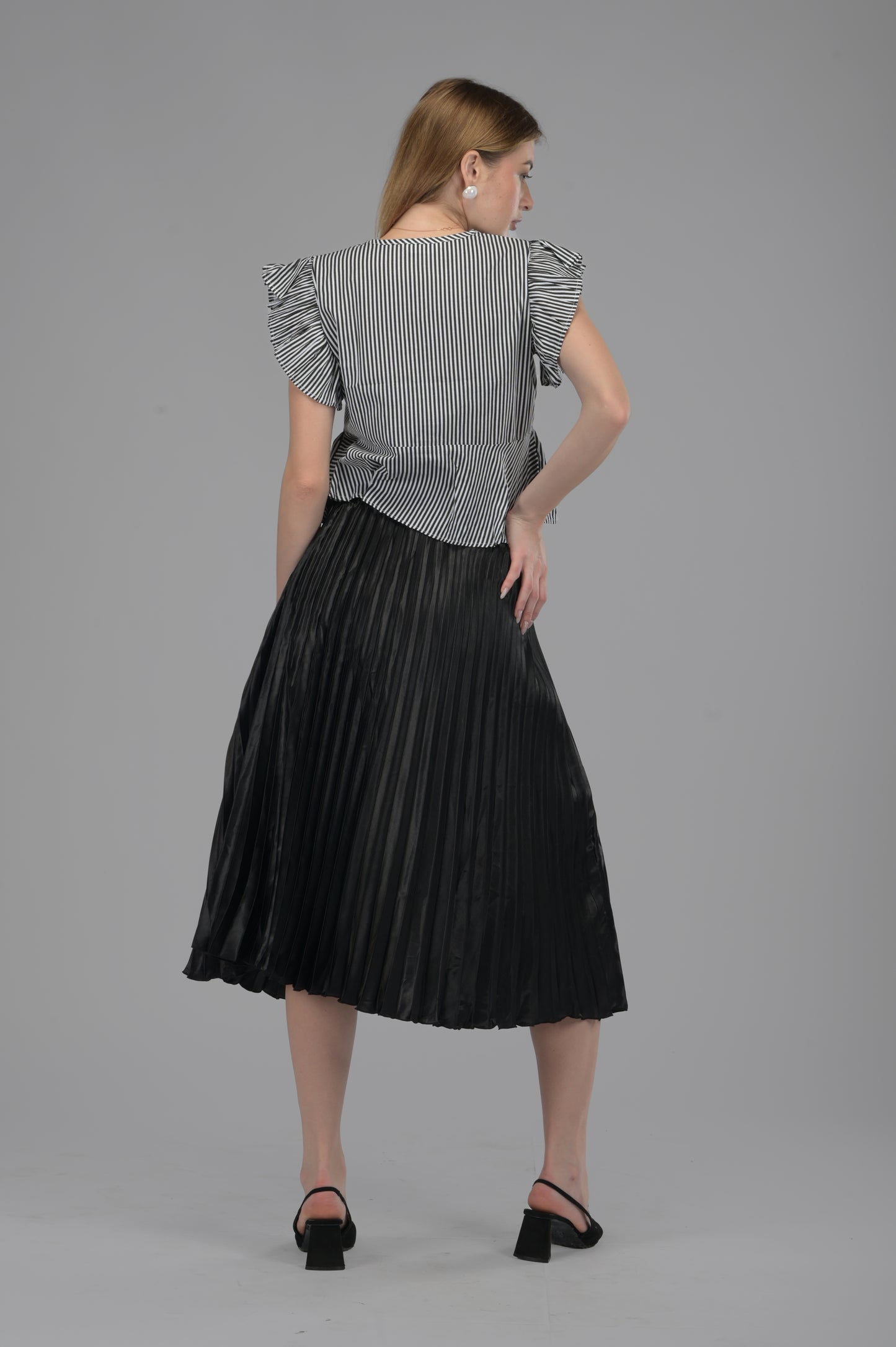 Black Satin Pleated Midi Skirt