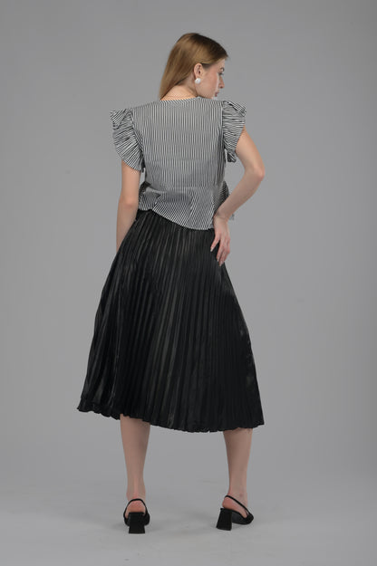 Black Satin Pleated Midi Skirt