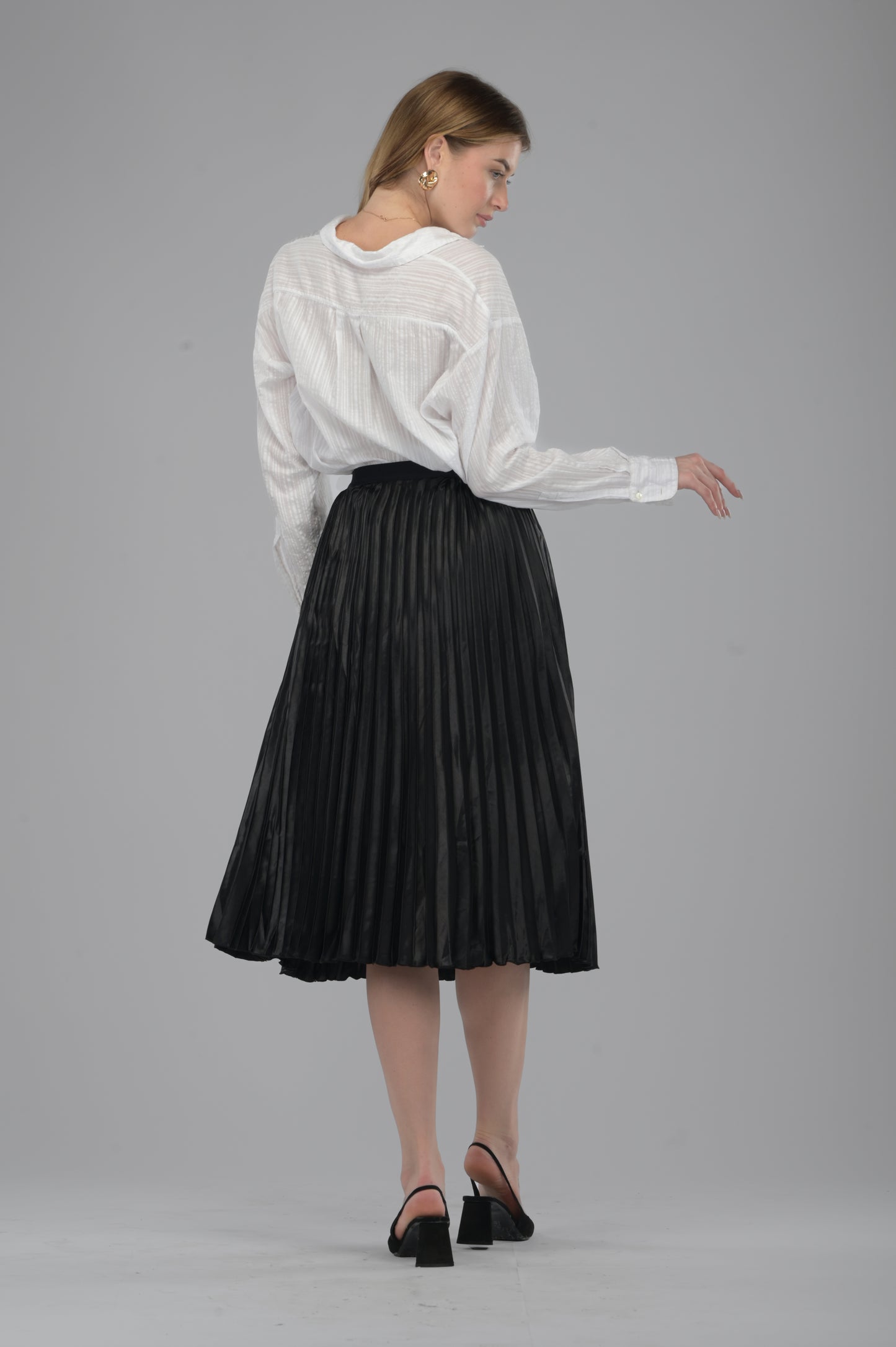 Black Satin Pleated Midi Skirt