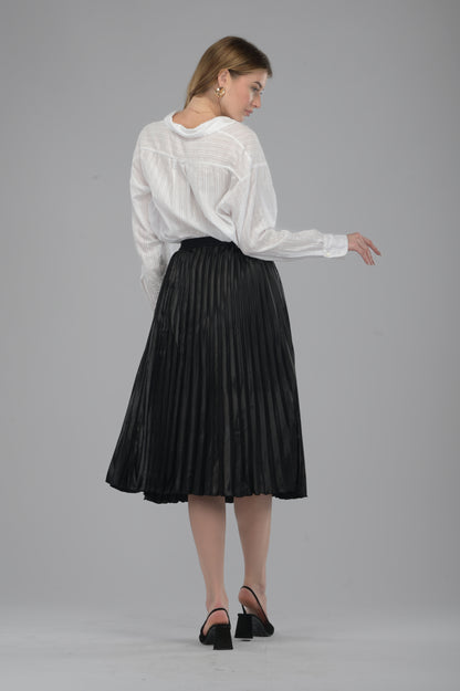 Black Satin Pleated Midi Skirt