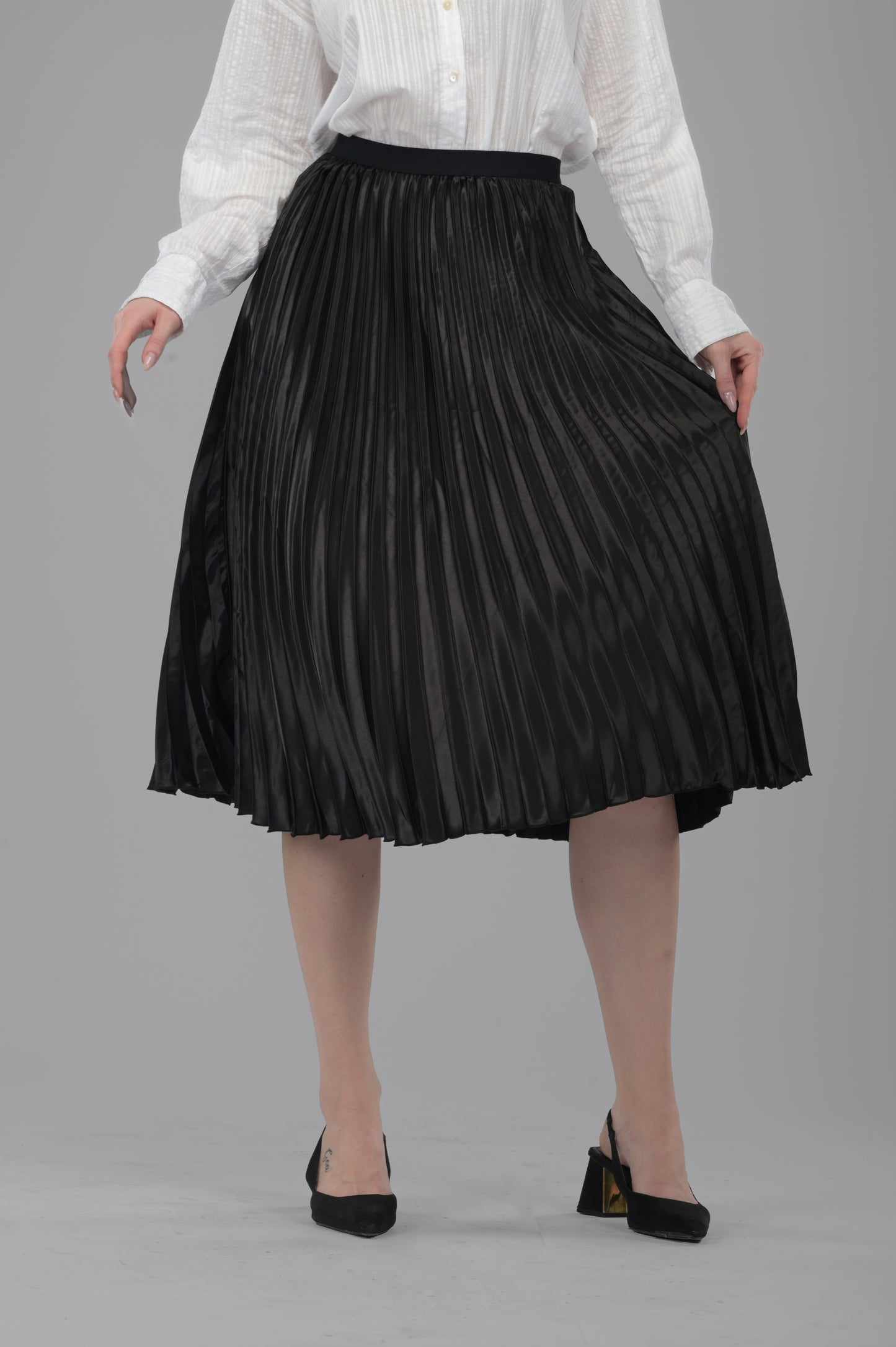 Black Satin Pleated Midi Skirt
