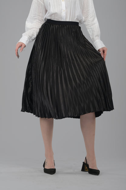 Black Satin Pleated Midi Skirt
