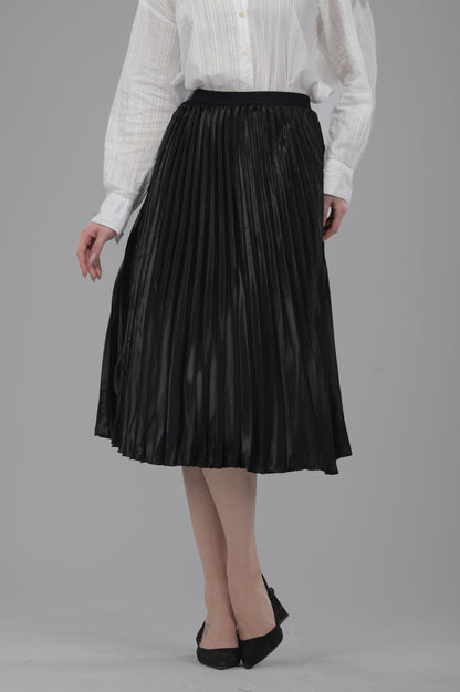 Black Satin Pleated Midi Skirt