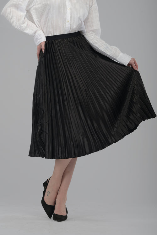 Black Satin Pleated Midi Skirt