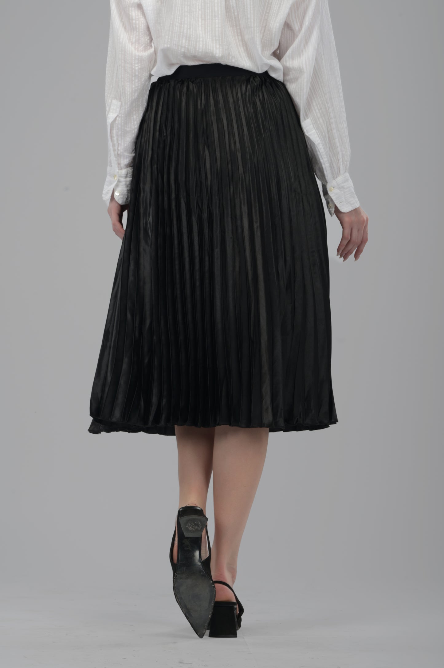 Black Satin Pleated Midi Skirt