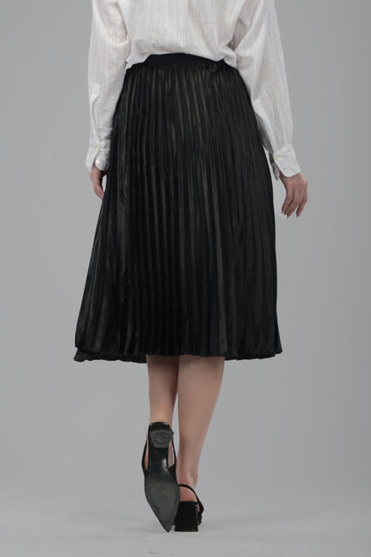 Black Satin Pleated Midi Skirt