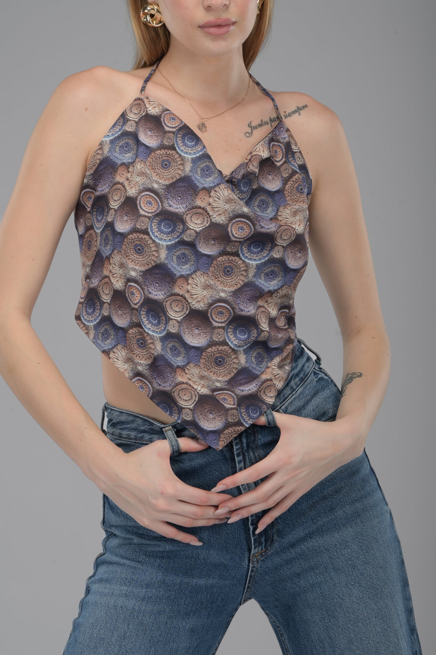 3D Crochet Mosaic Print Cowl-Neck Handkerchief Backless Top