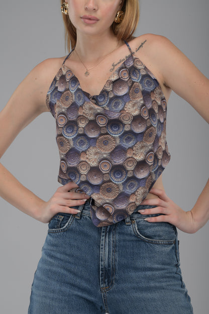 3D Crochet Mosaic Print Cowl-Neck Handkerchief Backless Top