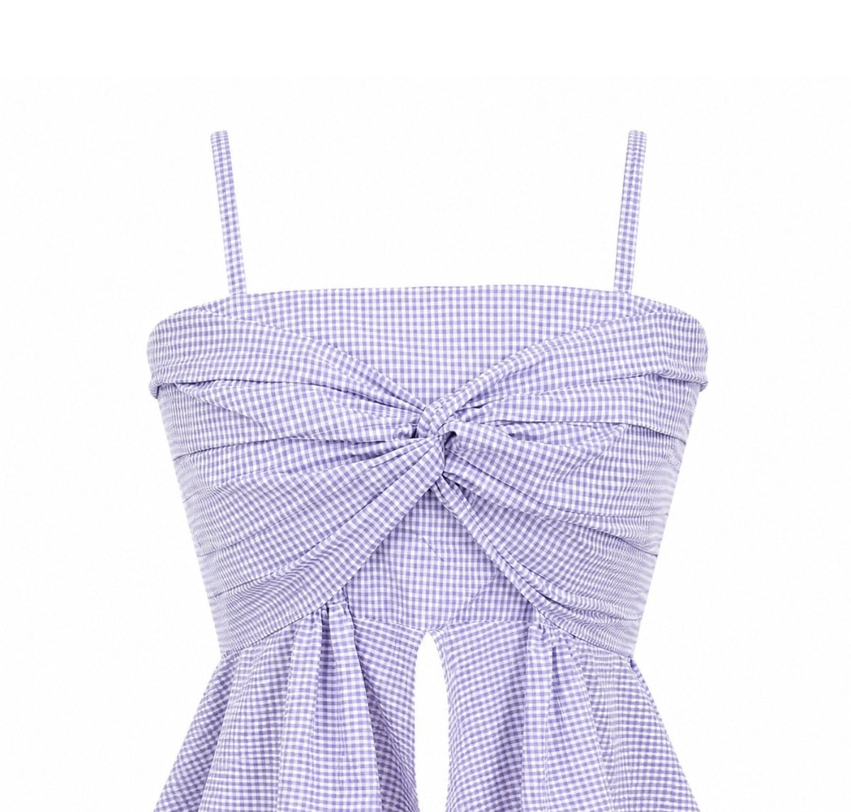 Lilac Micro Gingham Twist Front Peplum Cotton Top