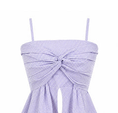 Lilac Micro Gingham Twist Front Peplum Cotton Top