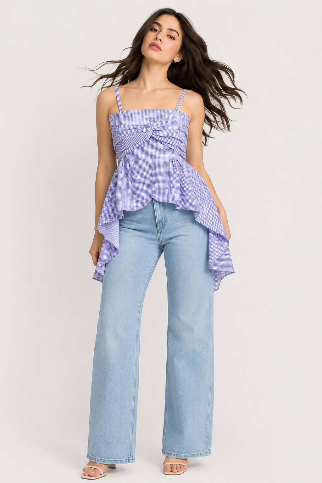 Lilac Gingham Straight Neckline with Twist-Front Detail Peplum Top
