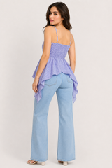 Lilac Gingham Straight Neckline with Twist-Front Detail Peplum Top.