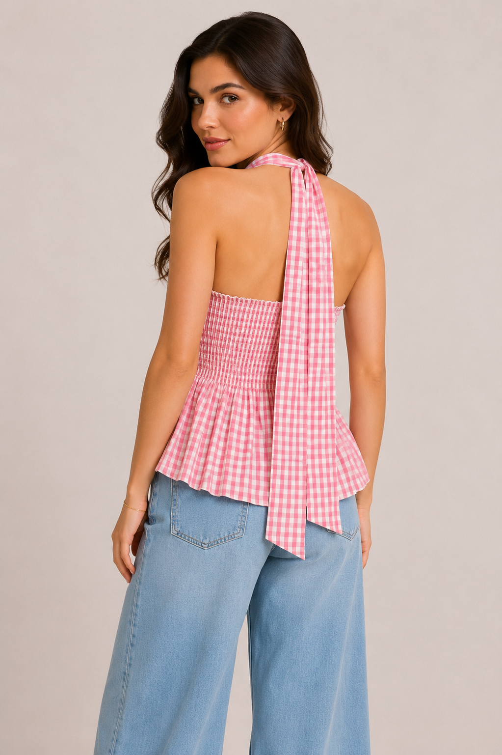 Pink Mini Gingham Twist Front Halter With Oversized Self-Tie Bow Peplum Top