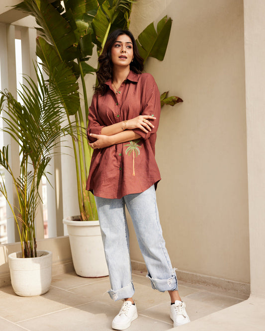 Brown Embroidered Pure Linen Shirt